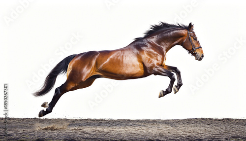 Powerful Bay Horse Leaping Dynamically Against White Background