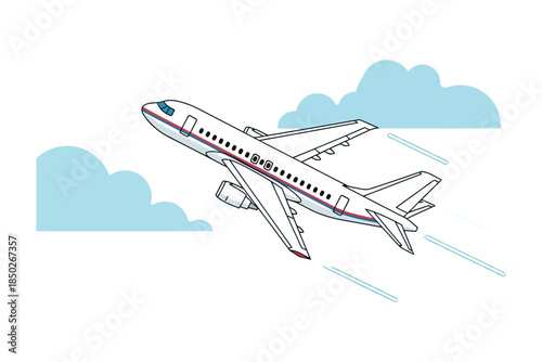 Graphic illustration of a commercial airplane taking off through vibrant colored clouds against divided white and black backgrounds, creating a contrast