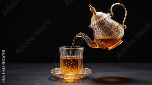 Traditional Arabic Tea Pouring from Ornate Teapot into Glass Cup