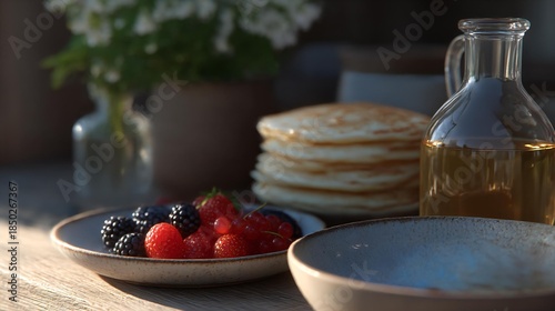 Freshly stacked pancakes served with an assortment of vibrant berries, honey in a glass jar, and rustic table setting, creating a delightful breakfast scene with natural ambiance