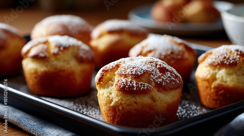 Freshly baked muffins dusted with powdered sugar are arranged on a black baking tray, showcasing a delicious dessert ready for enjoyment in a cozy kitchen setting