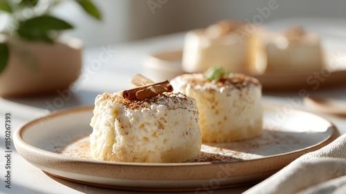 Delicious dessert featuring creamy rice pudding topped with cinnamon sticks and mint leaves, beautifully presented on a rustic plate in a softly lit setting