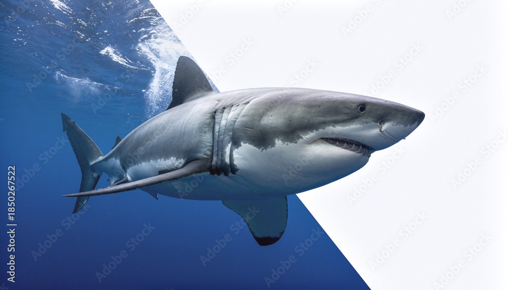 Fototapeta premium Dynamic Great White Shark: Split View of Underwater and Above