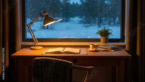 A desk lamp illuminates a wooden desk with books and a cup by a snowy window.