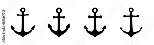 Four black anchors with varying fluke shapes arranged in a row on a white background design