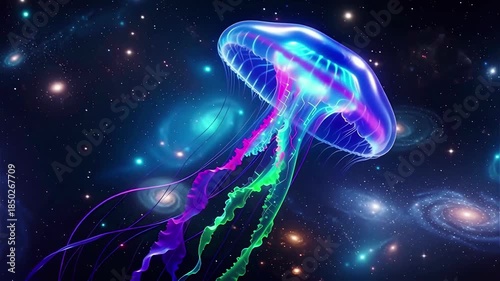 Futuristic colorful jellyfish swims in outer space