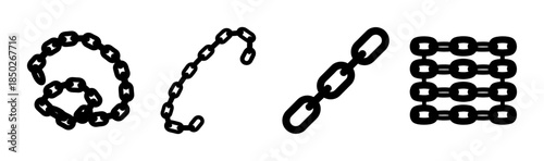 A collection of four distinct chain designs displayed in black and white on a plain background