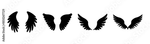 Various styles of black angel wings in different positions on a white background design art