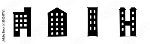 Four black building silhouettes with various shapes and window patterns against white backdrop
