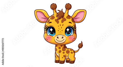 Adorable Cartoon Baby Giraffe with Big Blue Eyes and Cute Expression