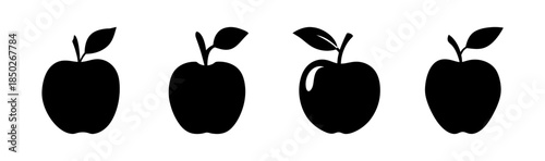 Four black silhouettes of fruit with stems and leaves aligned in a horizontal row design