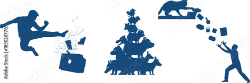 Silhouette of man kicking box, animals stacked, cat knocking items breaking