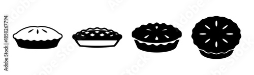 Illustration of four stylized black and white cupcake designs in a row on a white background