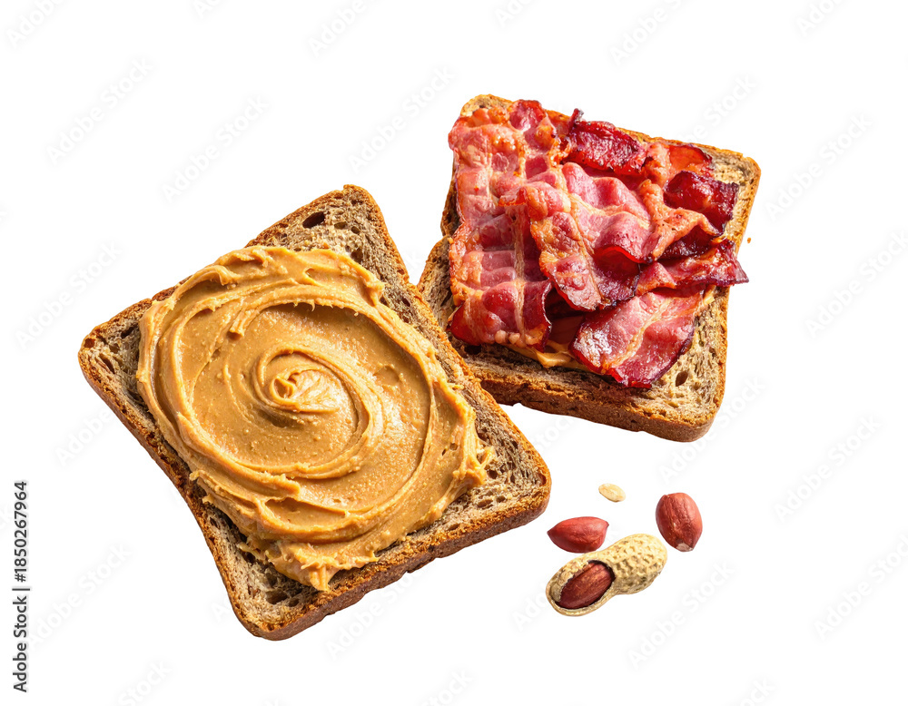 Obraz premium Peanut butter sandwich with crispy bacon on dark toast, peanuts