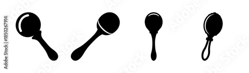 Four black spoons of different shapes and sizes arranged on a white background drawing style