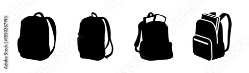 Four black and white backpacks in a row with different shapes and strap configurations shown