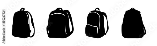 A set of four black silhouettes of backpacks standing upright in a row on a white background