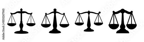 Four black silhouette illustrations of scales of justice in varying designs and styles shown