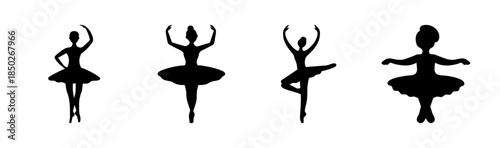 Four black silhouette figures of ballerinas in various poses against a white background art