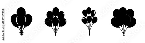 Silhouette illustration of four balloon bunches with varying balloon arrangements and string ties
