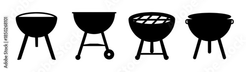 Silhouette of four different types of barbecue grills standing in a row on a white background
