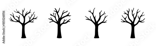 Illustration of four bare trees with slender trunks and branches in black silhouette style