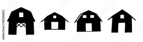 Four stylized black barn silhouettes with varying window and door shapes on a white background