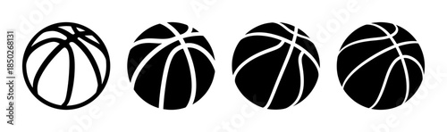 Four stylized basketball shapes arranged in a row with varying levels of detail in black and white