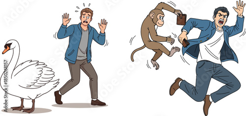 Cartoon illustration of a man scared of a swan and a monkey stealing a wallet afraid bird