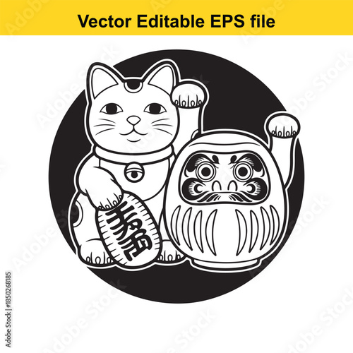  vector illustration of a cat and a maneki neko figurine in black and white