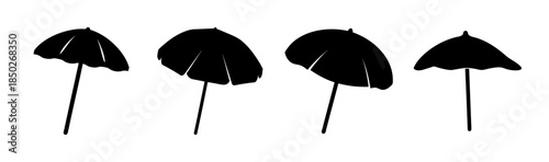 Silhouette depiction of four cocktail umbrellas with varying canopy shapes and stick stems