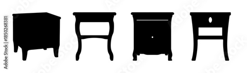 Silhouette depiction of four different antique curio cabinets in varying designs and styles