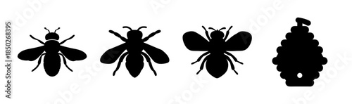 Silhouette depiction of four insects including three winged bugs and a segmented form object