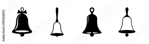 Illustration of four differently styled bells, each with a unique shape and design element, black