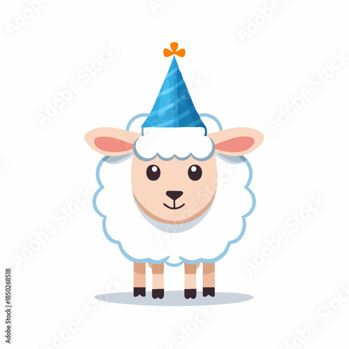 A cartoon sheep wearing a blue party hat stands on a white background