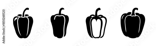 Four black bell peppers in a row with varying outlines and shapes against white background