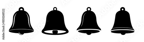 A monochrome illustration showing four stylized bells with different design elements in black and white