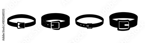 Illustration of four black belts with buckles in varying styles and orientations on white background