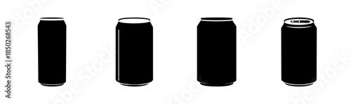 Illustration of four black cylindrical cans with varying top views on a white background
