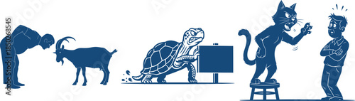 Silhouette of man bowing, goat, turtle with sign, angry cat and man standing