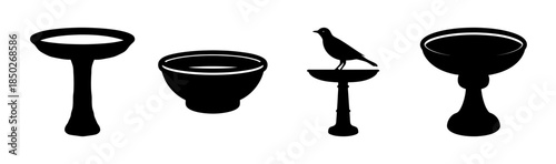 Silhouette illustration of four bird baths with one bird perched on the bird bath stand