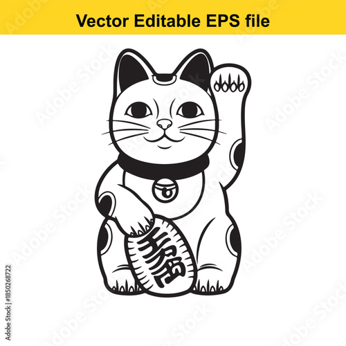  a black and white vector illustration of a manekineko waving cat figurine isolated on white background