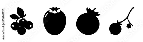 Silhouette illustration of various goji berries and branches in a simple black and white design style