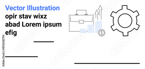 Briefcase, gear, upward arrows, and bar chart visualizing business growth, financial planning, innovation, workforce management, strategy, productivity and a simple landing page