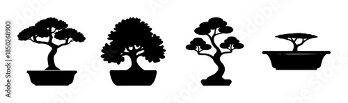 Silhouette illustration of four potted bonsai trees with varying shapes and sizes on white background