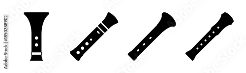Depicts four black recorders or flutes with varying designs and hole placements in a row view