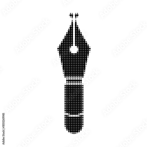 Black halftone fountain pen nib illustration isolated on white background. Minimal retro dot style icon symbol for writing, calligraphy, design, branding, editorial and creative concepts.