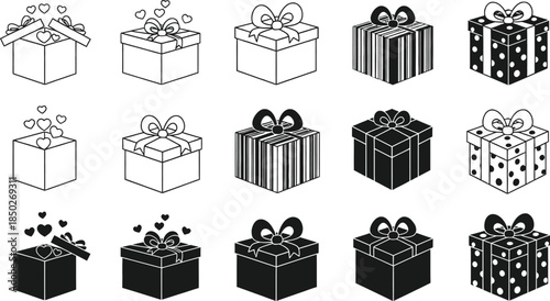 Monochrome vector gift box icons set with outlined and solid designs, including open boxes with hearts, stripes, and polka dots for celebrations