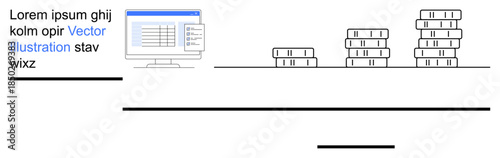 Finance, investments, economy trends, data analytics, wealth management, business growth. Computer screen with data and coin stacks. Finance and investments conceptual