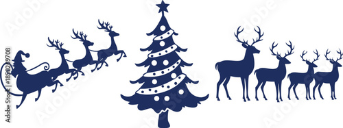 Silhouette of Santa's sleigh and reindeer with Christmas tree and herd of deer Santa Claus